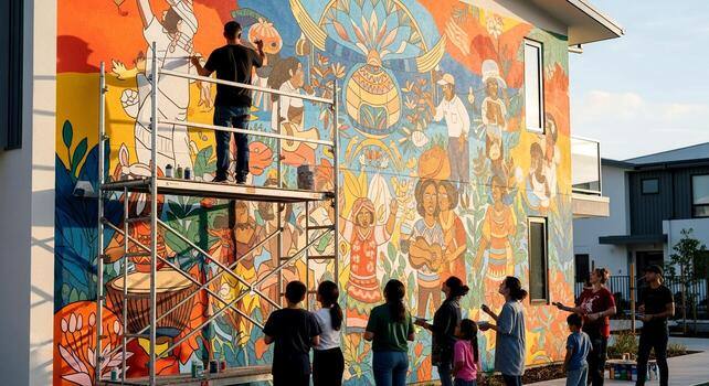 A mural artist painting a large colorful wall mural from scaffolding