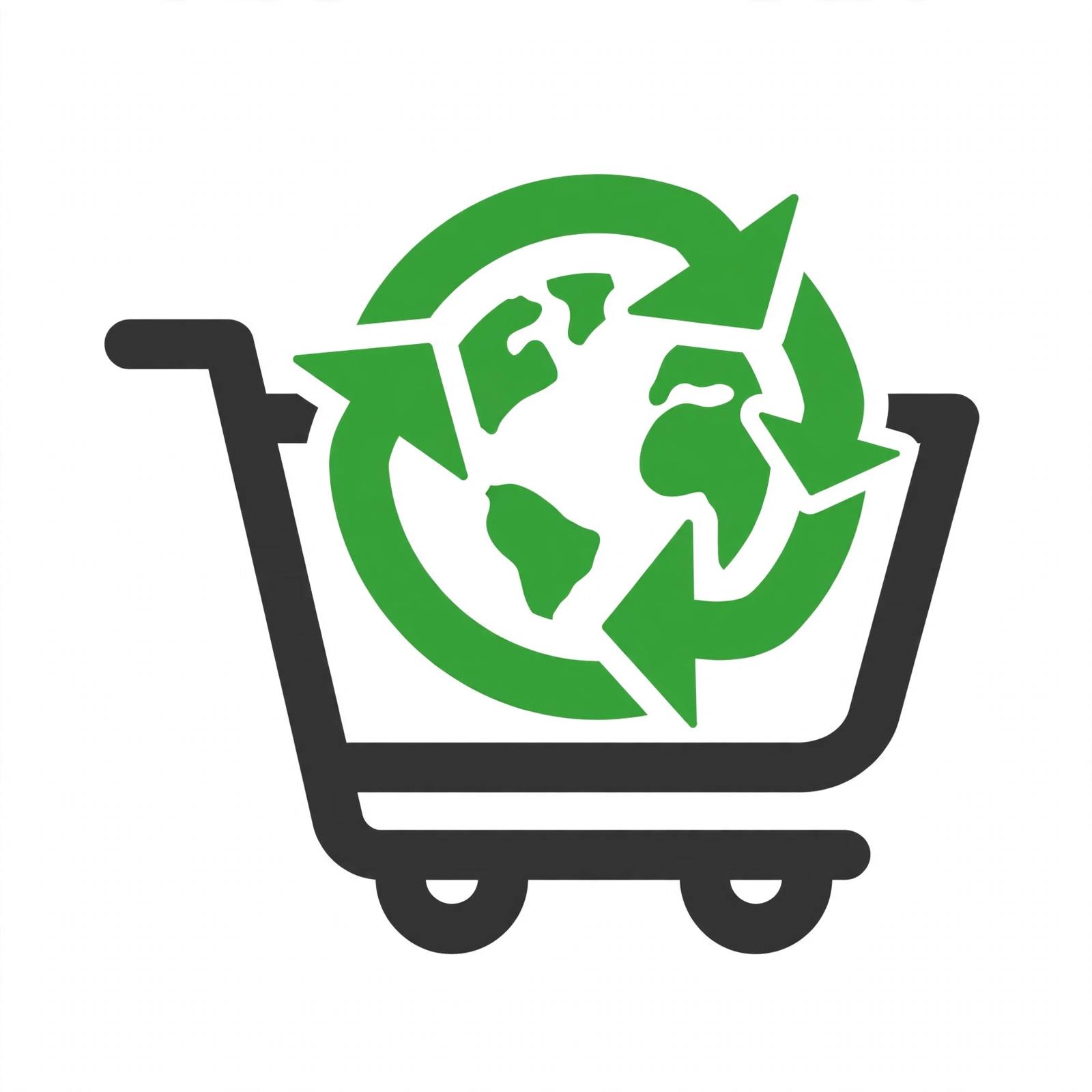 Online Circular Economy mark: recycling arrows around Earth in a shopping cart